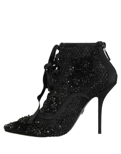 Dolce & Gabbana Black Embellished Mesh Ankle Boots Shoes