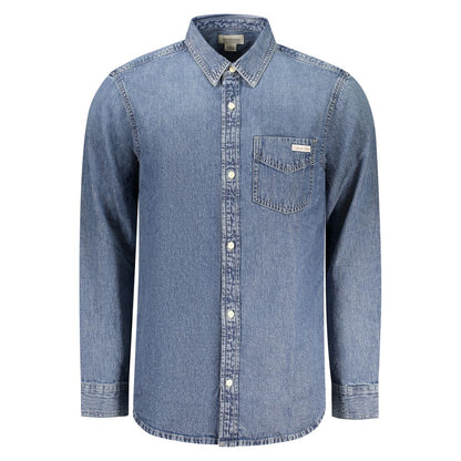 Shirt by Calvin Klein for men in denim cotton blue showcases a sleek silhouette, elegantly detailed with a sleek and long-sleeve for a sleek finish.