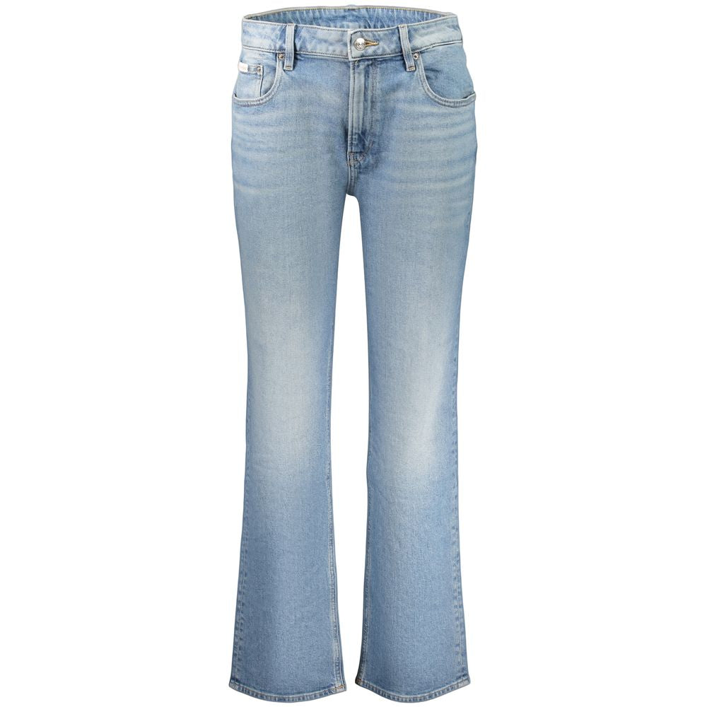 Jeans by Calvin Klein for women in stretch denim cotton azzurro & signature features a polished silhouette with a polished straight-leg, reaching a polished long and finished with a polished high rise.