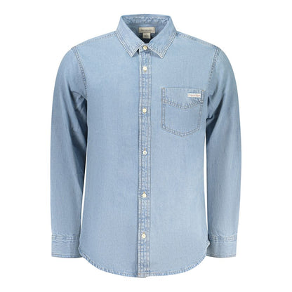 Shirt by Calvin Klein for men in denim cotton azzurro showcases a sleek silhouette, elegantly detailed with a sleek and long-sleeve for a sleek finish.