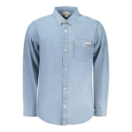 Shirt by Calvin Klein for men in denim cotton azzurro showcases a sleek silhouette, elegantly detailed with a sleek and long-sleeve for a sleek finish.