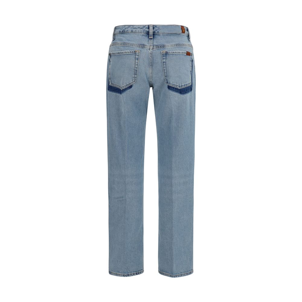 Jeans by 7FOR for women in stretch denim cotton blue & patterned features a polished silhouette with a polished straight-leg & regular-fit, reaching a polished long and finished with a polished .