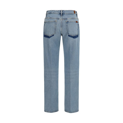 Jeans by 7FOR for women in stretch denim cotton blue & patterned features a polished silhouette with a polished straight-leg & regular-fit, reaching a polished long and finished with a polished .