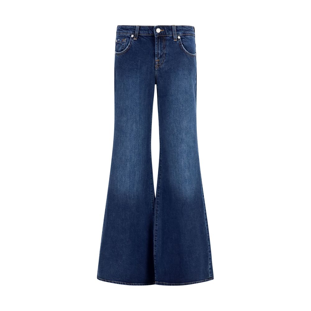 Jeans by 7FOR for women in stretch denim cotton blue, indigo & signature features a refined silhouette with a refined flared & slim, defined by a low rise and a refined long for a refined finish.