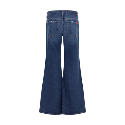 Jeans by 7FOR for women in stretch denim cotton blue, indigo & signature features an sartorial flared & slim and long with a low rise cut for a sartorial finish.