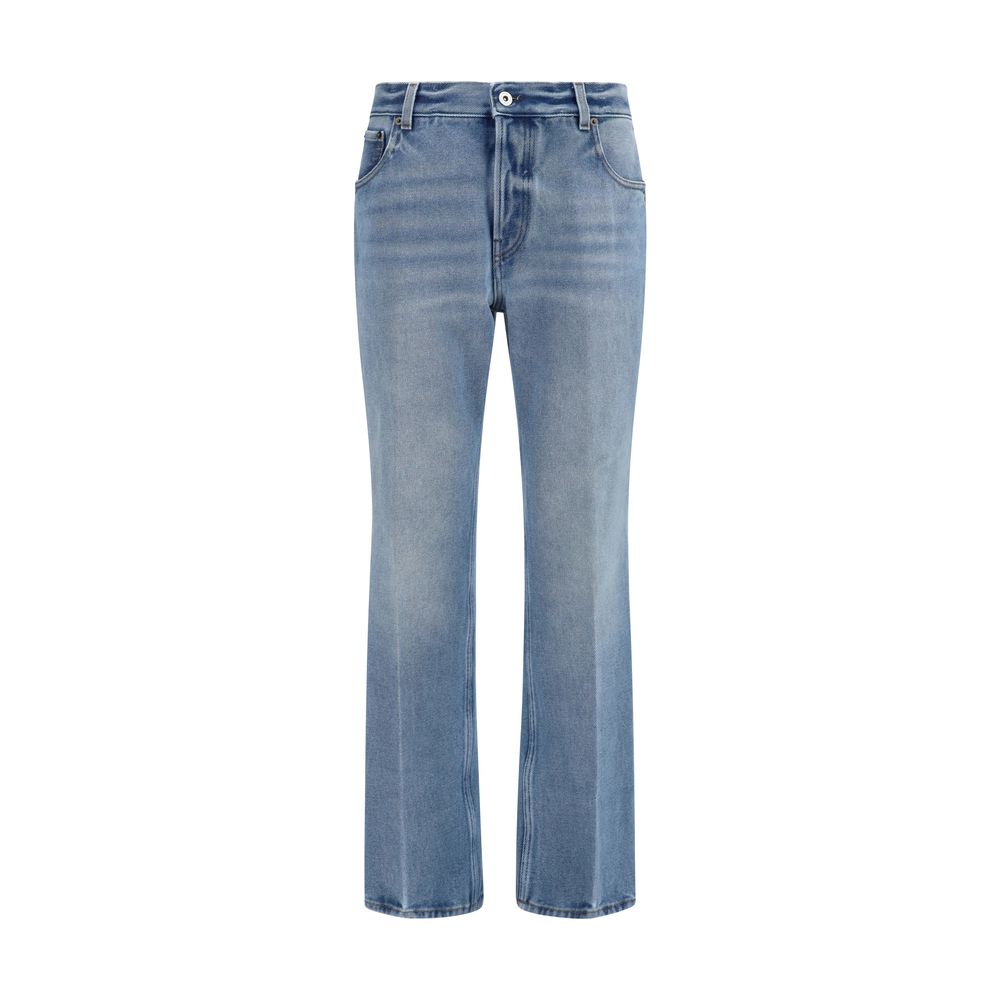 Miu Miu Women's Relaxed Fit Regular Wide Low Rise Cotton Denim & Suede Leather Jeans - Blue