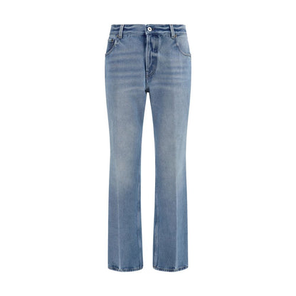Miu Miu Women's Relaxed Fit Regular Wide Low Rise Cotton Denim & Suede Leather Jeans - Blue