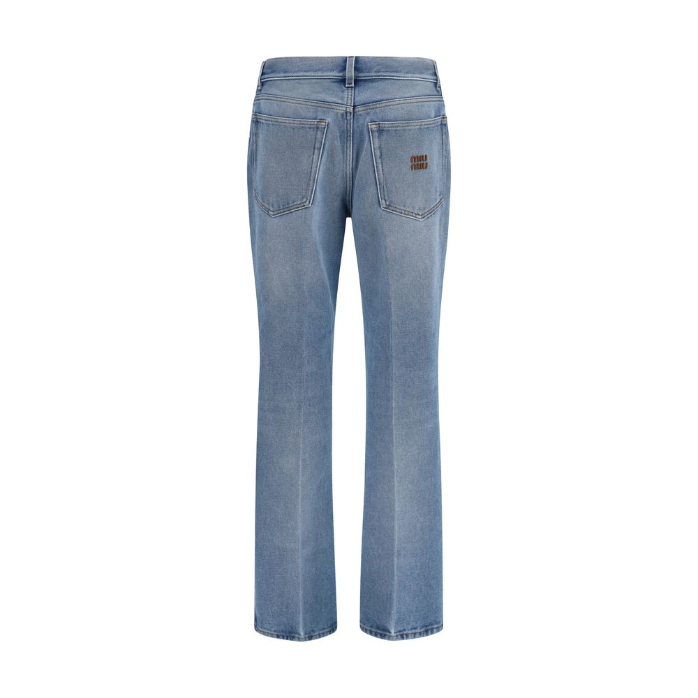 Miu Miu Women's Relaxed Fit Regular Wide Low Rise Cotton Denim & Suede Leather Jeans - Blue