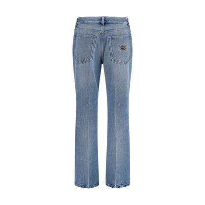 Miu Miu Women's Relaxed Fit Regular Wide Low Rise Cotton Denim & Suede Leather Jeans - Blue
