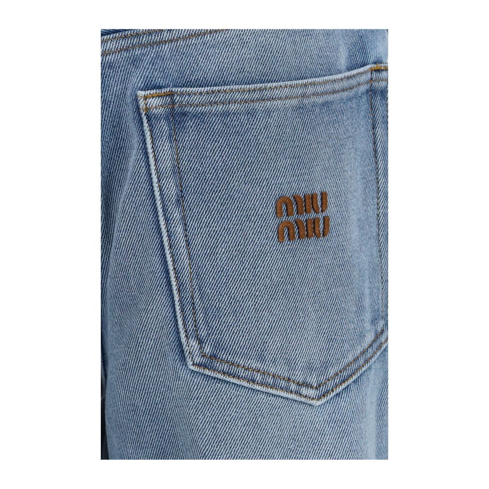 Miu Miu Women's Relaxed Fit Regular Wide Low Rise Cotton Denim & Suede Leather Jeans - Blue