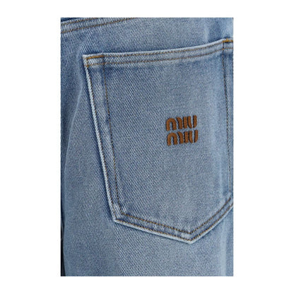Miu Miu Women's Relaxed Fit Regular Wide Low Rise Cotton Denim & Suede Leather Jeans - Blue