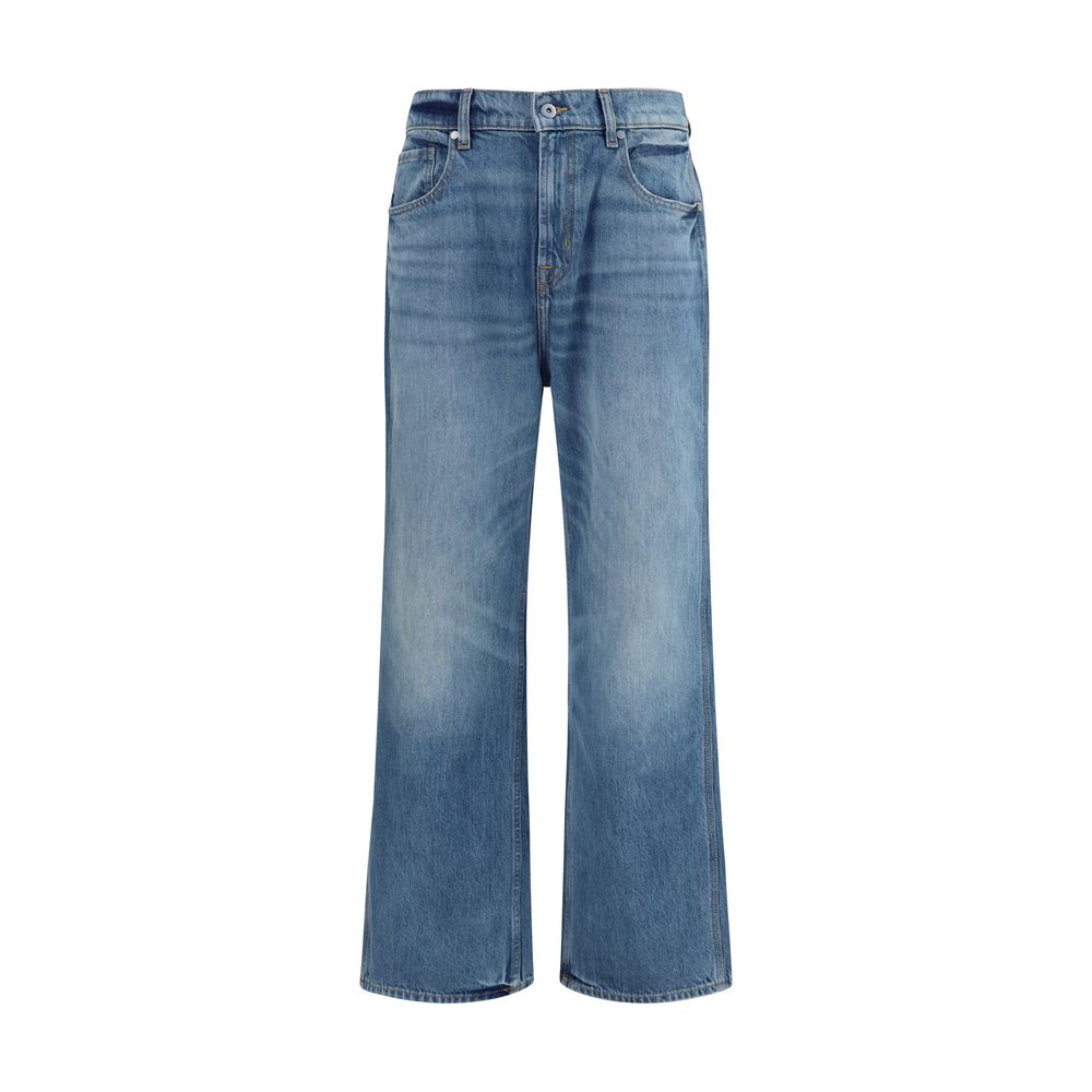 Jeans by 7FOR for men in denim cotton blue & sand presents a refined pantology silhouette, artfully defined by a refined pantology straight, relaxed-fit, regular-fit & wide, long, and a sophisticated .