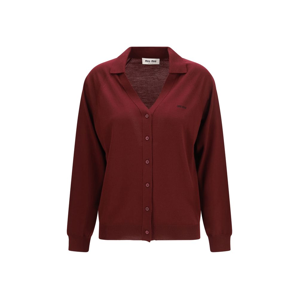 Cardigan by Miu Miu for women in virgin wool bordeaux & signature features a dramatic silhouette, showcasing a sophisticated and dramatic detail for a timeless, premium look.