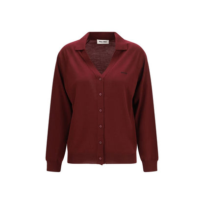 Cardigan by Miu Miu for women in virgin wool bordeaux & signature features a dramatic silhouette, showcasing a sophisticated and dramatic detail for a timeless, premium look.