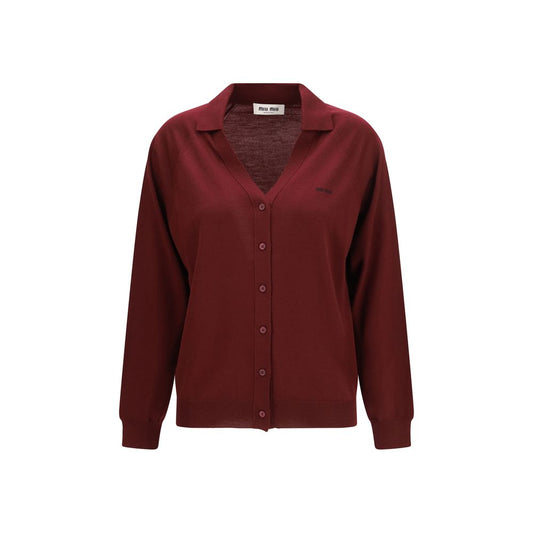Cardigan by Miu Miu for women in virgin wool bordeaux & signature features a dramatic silhouette, showcasing a sophisticated and dramatic detail for a timeless, premium look.