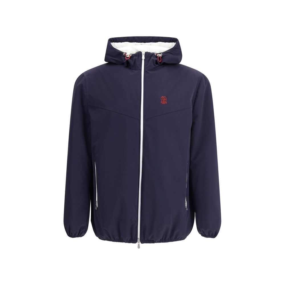 Hooded Windbreaker Jacket by Brunello Cucinelli for men in stretch polyamide blue features an perennial silhouette with a refined hooded neckline and perennial water-resistant, pockets, hooded & windproof for a sophisticated weather-resistant look.