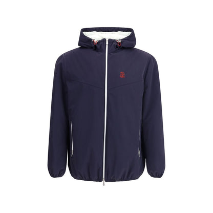 Hooded Windbreaker Jacket by Brunello Cucinelli for men in stretch polyamide blue features an perennial silhouette with a refined hooded neckline and perennial water-resistant, pockets, hooded & windproof for a sophisticated weather-resistant look.