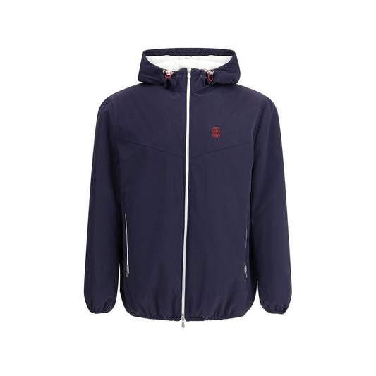 Hooded Windbreaker Jacket by Brunello Cucinelli for men in stretch polyamide blue features an perennial silhouette with a refined hooded neckline and perennial water-resistant, pockets, hooded & windproof for a sophisticated weather-resistant look.