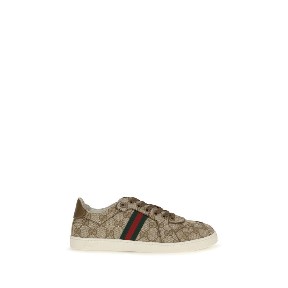Athletic Sneakers by Gucci for women in leather & canvas beige, silver & signature features an exquisite silhouette, showcasing the premium athletic style of the Gg Women's Athletic Leather & Canvas Sneakers with an exquisite finish.
