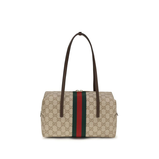 Medium Shoulder Boston Handbag by Gucci for women in cotton & leather beige, brown, green, red, signature & striped features a contemporary silhouette, showcasing a secure zipper, ample , and contemporary shoulder-strap for a sophisticated look.