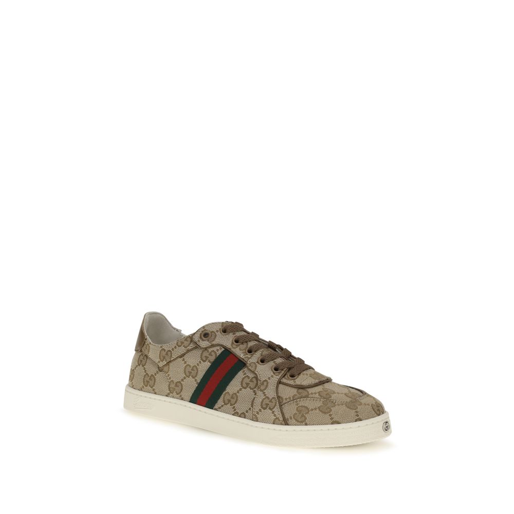 Athletic Sneakers by Gucci for women in leather & canvas beige, silver & signature features an timeless silhouette from the Gg Women's Athletic Leather & Canvas Sneakers collection, showcasing a timeless athletic style for a timeless look.