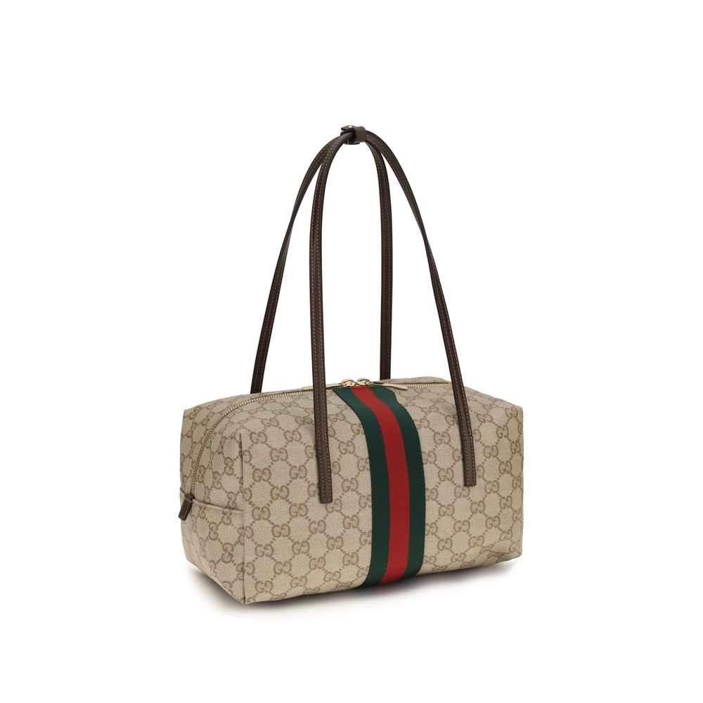 Medium Shoulder Boston Handbag by Gucci for women in cotton & leather beige, brown, green, red, signature & striped features a refined silhouette, showcasing a secure zipper, organized , and versatile shoulder-strap for a refined finish.