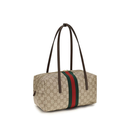 Medium Shoulder Boston Handbag by Gucci for women in cotton & leather beige, brown, green, red, signature & striped features a refined silhouette, showcasing a secure zipper, organized , and versatile shoulder-strap for a refined finish.