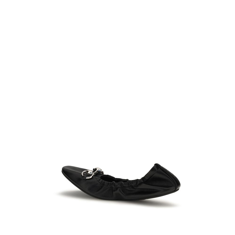 Ballet Flat Shoes by Gucci for women in bos taurus calf leather black & silver features an statuesque silhouette from the Gg Horsebit Women's Bos Taurus Calf Leather Ballet Flat Shoes collection, showcasing a and a statuesque square toe style for a statuesque look.