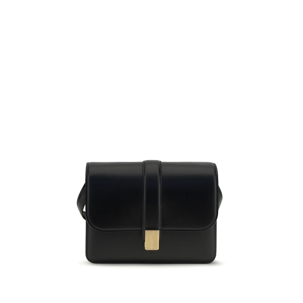 2-in-1 Shoulder & Crossbody Flap Bag by Khaite for women in bos taurus calf leather black & gold showcases a enviable silhouette, artfully detailed with a secure flap, organized , and versatile crossbody-strap, shoulder-strap & adjustable-strap for a enviable look.