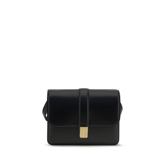 2-in-1 Shoulder & Crossbody Flap Bag by Khaite for women in bos taurus calf leather black & gold showcases a enviable silhouette, artfully detailed with a secure flap, organized , and versatile crossbody-strap, shoulder-strap & adjustable-strap for a enviable look.