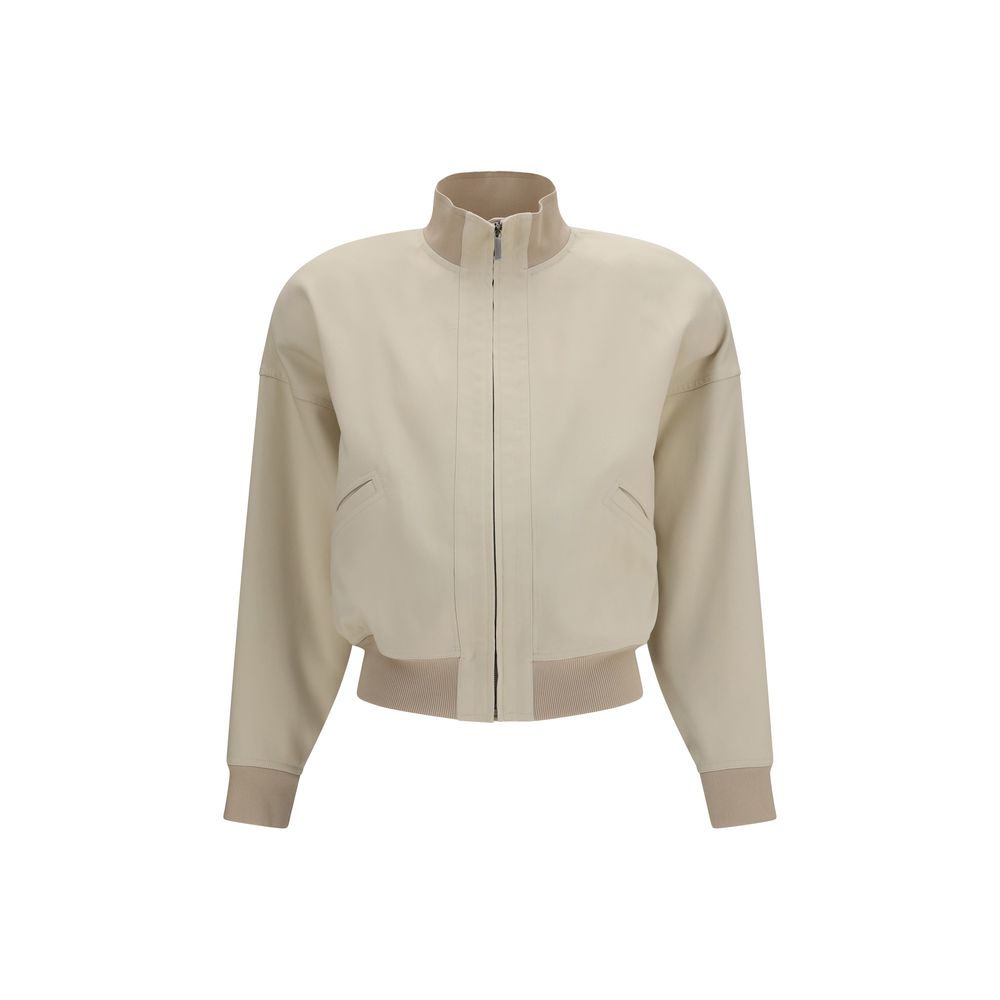 Bomber Jacket by Gucci for women in cotton & silk beige features an contemporary silhouette, showcasing a sophisticated high-collar neckline and contemporary pockets for a truly refined look.