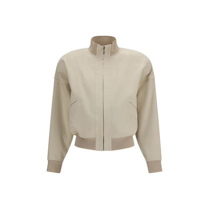Bomber Jacket by Gucci for women in cotton & silk beige features an contemporary silhouette, showcasing a sophisticated high-collar neckline and contemporary pockets for a truly refined look.