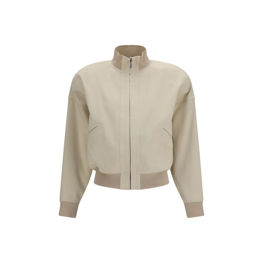 Bomber Jacket by Gucci for women in cotton & silk beige features an contemporary silhouette, showcasing a sophisticated high-collar neckline and contemporary pockets for a truly refined look.