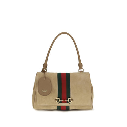 Medium Handbag by Gucci for women in bos taurus calf suede leather beige, green, red & striped features a signature silhouette, showcasing a secure snap, zipper, magnetic & button and signature with versatile shoulder-strap & adjustable-strap for a sophisticated look.