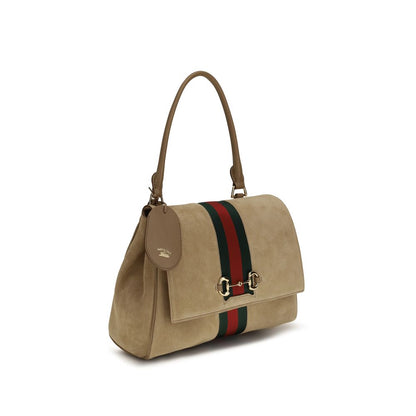 Medium Handbag by Gucci for women in bos taurus calf suede leather beige, green, red & striped features a contemporary silhouette, showcasing a secure snap, zipper, magnetic & button, ample , and contemporary shoulder-strap & adjustable-strap for a sophisticated look.