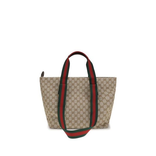 Small Tote Shoulder Bag by Gucci for men in polyester leather cotton canvas beige, brown, green, red, patterned, signature, print & striped features a effortless chic silhouette with a secure zipper, ample , and versatile handle for a effortless chic finish.