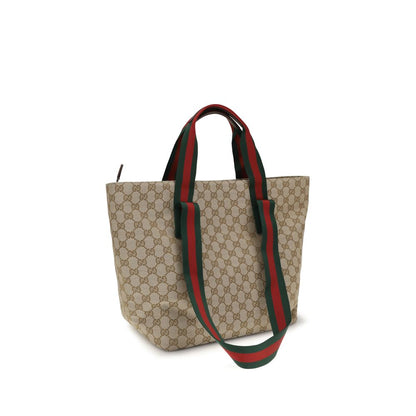 Small Tote Shoulder Bag by Gucci for men in polyester leather cotton canvas beige, brown, green, red, patterned, signature, print & striped features an effortlessly chic silhouette with a secure zipper, ample , and versatile handle for effortlessly chic everyday luxury.