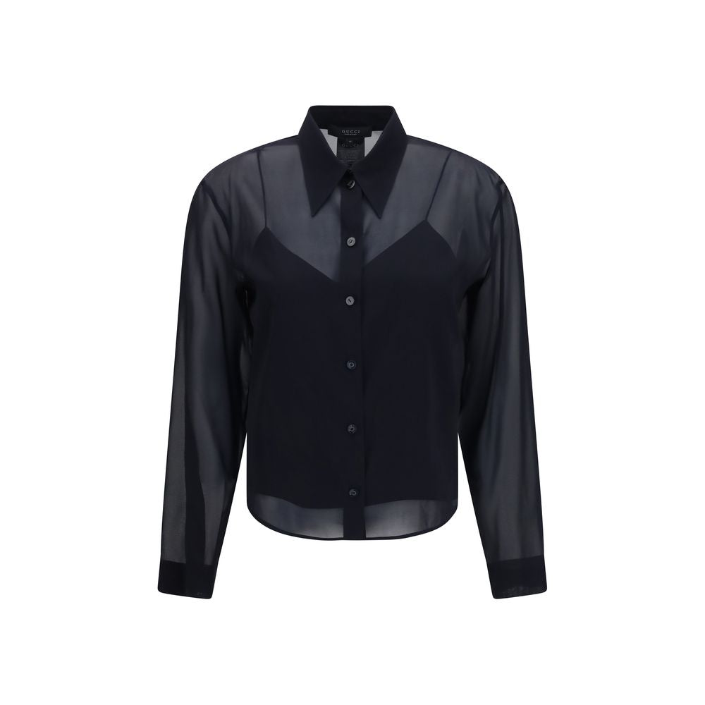 Dress Shirt by Gucci for women in silk chiffon black features an architectural silhouette with a refined long-sleeve and elegant for a architectural look.