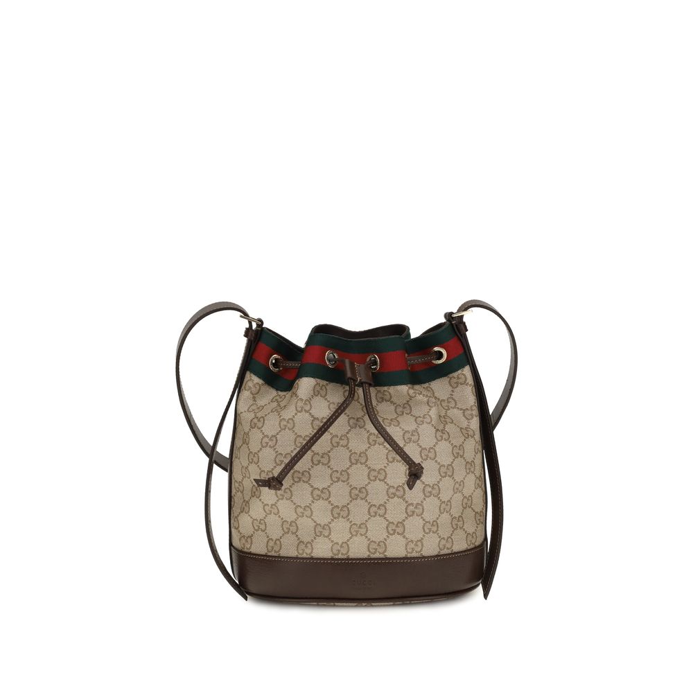 Mini Bucket Pouch Handbag by Gucci for women in leather beige & signature features an refined silhouette, showcasing a secure drawstring, ample , and versatile shoulder-strap, adjustable-strap & detachable-strap for a sophisticated refined aesthetic.