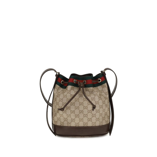 Mini Bucket Pouch Handbag by Gucci for women in leather beige & signature features an refined silhouette, showcasing a secure drawstring, ample , and versatile shoulder-strap, adjustable-strap & detachable-strap for a sophisticated refined aesthetic.