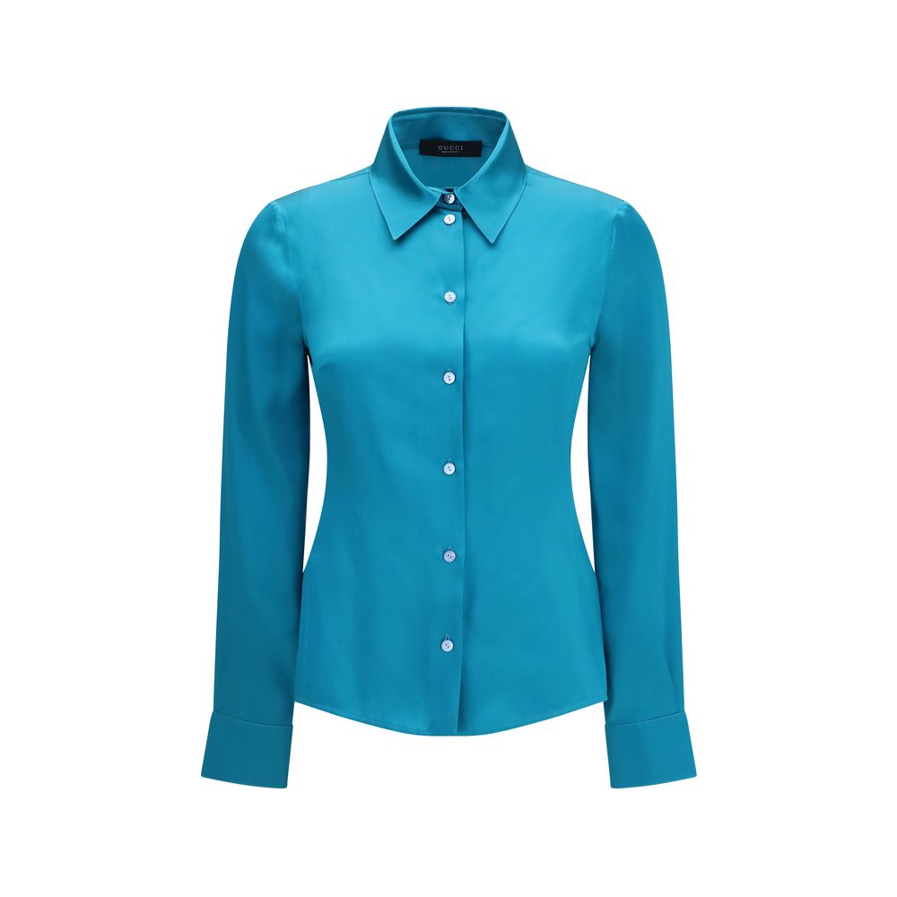 Dress Shirt by Gucci for women in silk satin blue showcases a sublime silhouette, artfully detailed with a sublime and long-sleeve for a sophisticated, sublime finish.