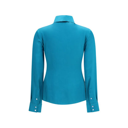Dress Shirt by Gucci for women in silk satin blue features an architectural silhouette with a refined and elegant for a architectural look.