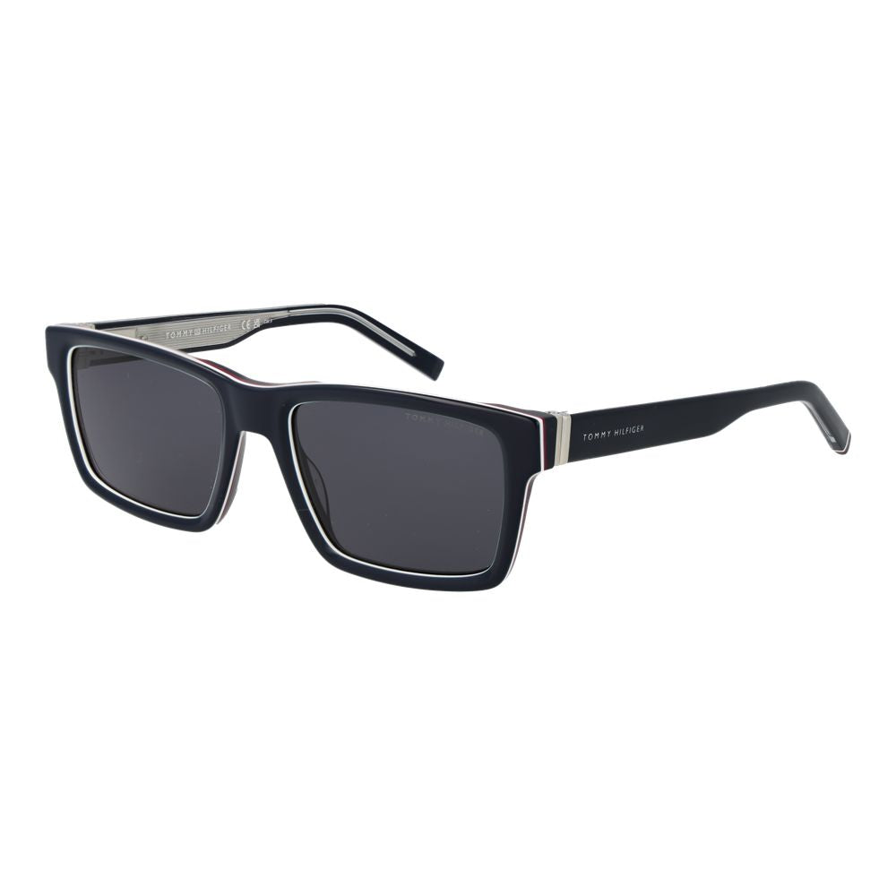 Sunglasses by Tommy Hilfiger for men in and blue presents a sumptuous silhouette, featuring blue coloured frame and rectangle full-rim frame design with non-polarized category-3-dark-tint lens for a sumptuous look.