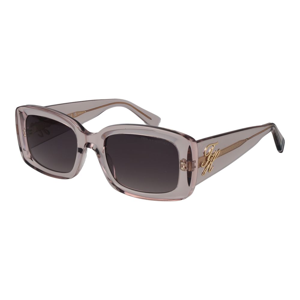 This Sunglasses by Tommy Hilfiger for women in acetate pink presents a sumptuous silhouette, showcasing a sumptuous rectangle full-rim frame design in rose coloured frame and high-performance gradient category-3-dark-tint lens.