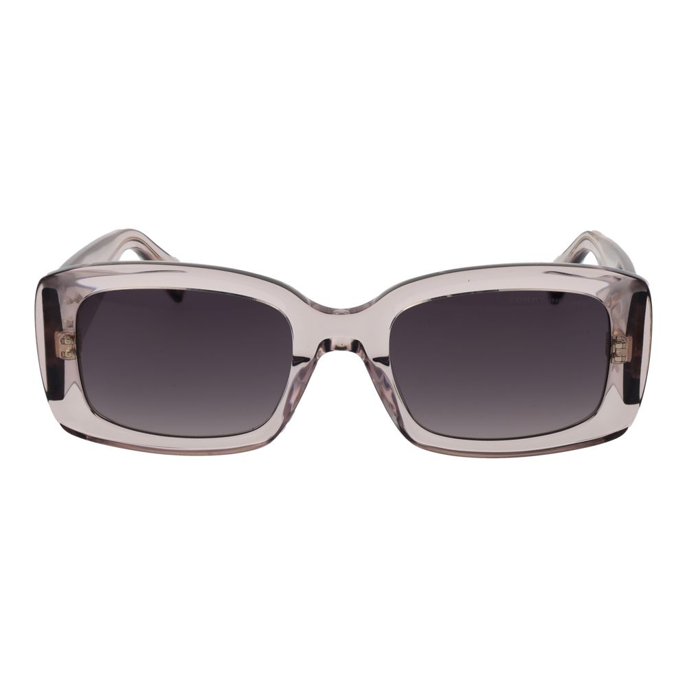 Sunglasses by Tommy Hilfiger for women in acetate pink features an lustrous rectangle full-rim frame design with rose coloured frame detailing and gradient category-3-dark-tint lens for a lustrous aesthetic.