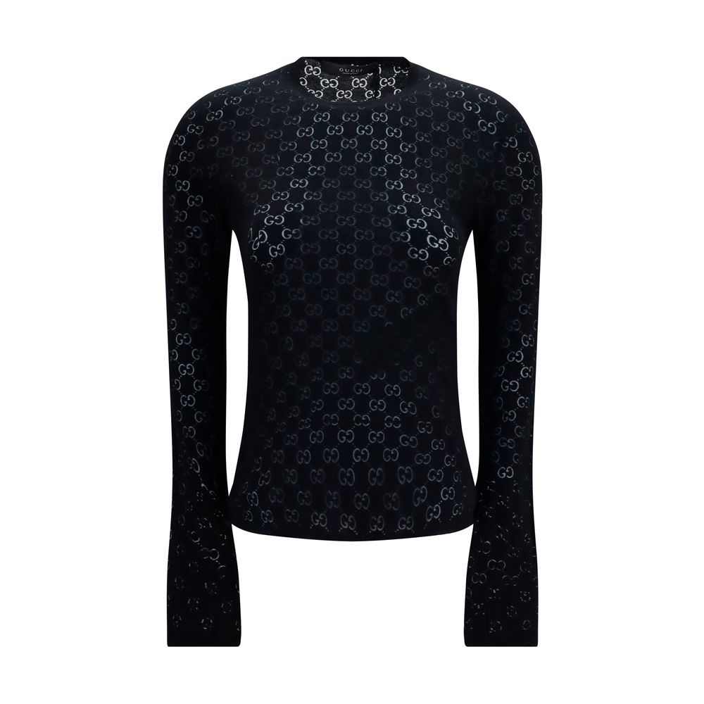Activewear T-Shirt by Gucci for women in cotton polyester black & patterned features a sporty silhouette with long-sleeve and crew neckline, showcasing innovative for a sporty finish.