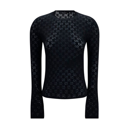 Activewear T-Shirt by Gucci for women in cotton polyester black & patterned features a sporty silhouette with long-sleeve and crew neckline, showcasing innovative for a sporty finish.