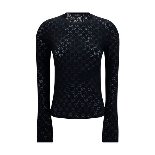 Activewear T-Shirt by Gucci for women in cotton polyester black & patterned features a sporty silhouette with long-sleeve and crew neckline, showcasing innovative for a sporty finish.