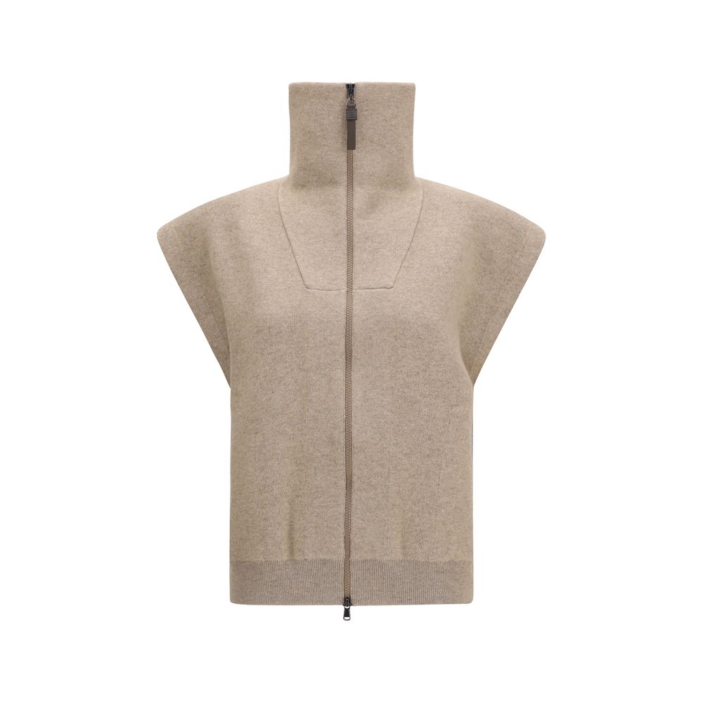 Cardigan by Brunello Cucinelli for women in polyamide cashmere & capra leather beige showcases a luxurious silhouette, meticulously detailed with a sophisticated high-collar neckline and short-sleeve for a refined finish.
