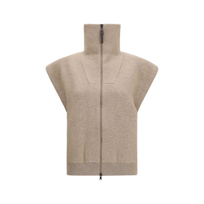 Cardigan by Brunello Cucinelli for women in polyamide cashmere & capra leather beige showcases a luxurious silhouette, meticulously detailed with a sophisticated high-collar neckline and short-sleeve for a refined finish.
